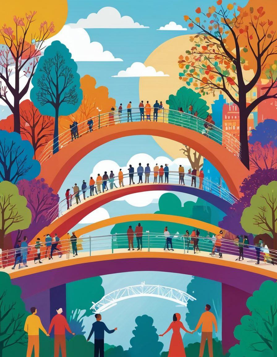 A vibrant scene depicting a diverse group of individuals collaboratively building a bridge out of colorful materials that represent various cultures and ideas. In the background, a network of interconnected communities illustrated as unique buildings, symbolizing engagement and unity. Bright skies above, radiating warmth and hope, while elements like trees and pathways suggest growth and connection. vector art. vibrant colors.