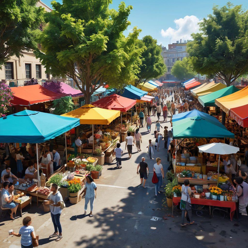 A lively community scene showcasing diverse individuals engaging in various activities together, surrounded by vibrant street art and colorful market stalls. Emphasize joyful interactions, laughter, and a sense of connection among the people. Include elements of nature, like trees and flowers, to reflect a warm, welcoming atmosphere. super-realistic. vibrant colors. 3D.