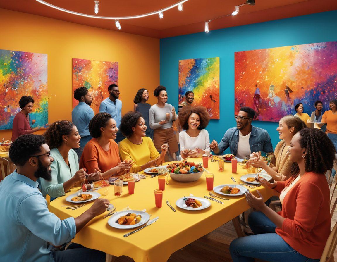 A lively gathering of diverse individuals engaged in various activities, showcasing collaboration and creativity. The backdrop should reflect a colorful, warm social space with elements of art, music, and community. Include people sharing ideas, dancing, and enjoying food together, highlighting unity and passion. Bright, inviting colors should make the scene feel vibrant and energetic. super-realistic. vibrant colors. 3D.